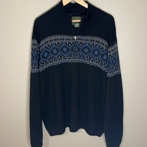 EDDIE BAUER 1/4 Zip XXL Wool Blend Aztec Black/Blue Sweater Preppy Ski Fair Isle